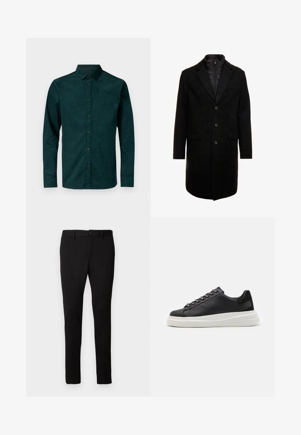 Svart ullblandingsfrakk med et elegant design, som har et avtagbart isolert innerlag, tre knapper og to frontlommer.; Bruuns Bazaar CORDBBSTOKED SHIRT - Button down-skjorte - dark green; Sorte slim-fit bukser med bæltesløjfer, foran knap og lynlås lukning, præsenteret på en ensfarvet lys baggrund.; Svart lær sneakers med hvit gummisåle, med flate lisser og merkede lissehull. Myk tekstur med en kontrasterende sideaccent.