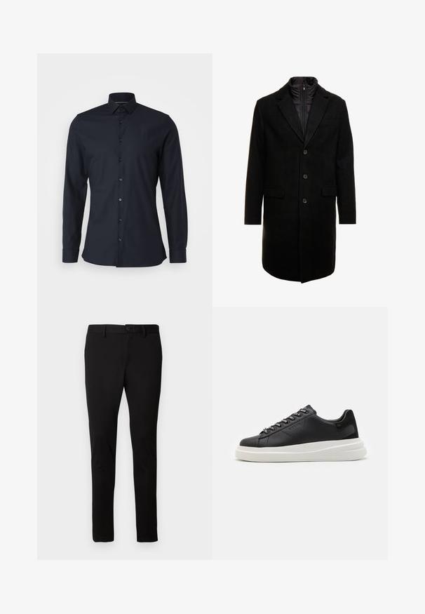 Fekete gyapjú keverékből készült overál, letisztult dizájnnal, cipzárral ellátott szigetelt belső réteggel, három gombbal és két elülső zsebből.; Sötétkék ing, klasszikus gallérral, hosszú ujjal és sima pamut anyagból készült. Elöl gombokkal, amelyek a színében megegyeznek.; Fekete, slim-fit nadrág övbújtatókkal, elülső gombbal és cipzárral, egyszerű világos háttéren bemutatva.; Fekete bőr sportcipő fehér gumitalppal, lapos fűzőkkel és márkázott fűzőlyukakkal. Puha tapintású, kontrasztos oldali akcentussal.