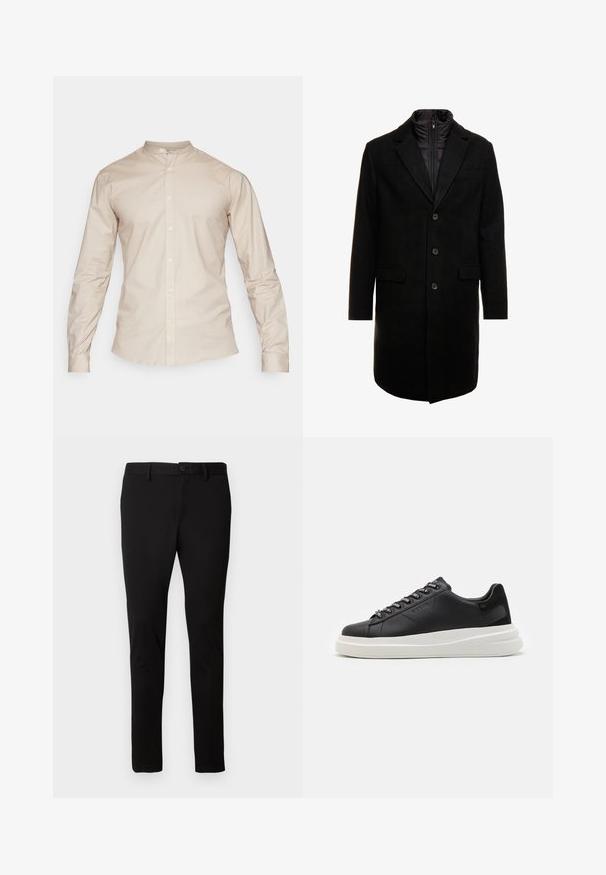 Juodas vilnos mišinio viršutinis paltas su elegantišku dizainu, turintis įsitraukiančią izoliuotą vidinę dalį, tris mygtukus ir dvi priekinės kišenes.; Lindbergh Marškiniai - pale sand mix; Juodi siauri kelnės su dirželių kilpomis, priekyje esančiu mygtuku ir užtrauktuku, rodomos ant vientiso šviesaus fono.; Juodos odinės sportbačiai su balta guma padanga, su plokščiomis raiščiais ir firminiais skylutėmis. Minkšta tekstūra su kontrastingu šonu akcentu.
