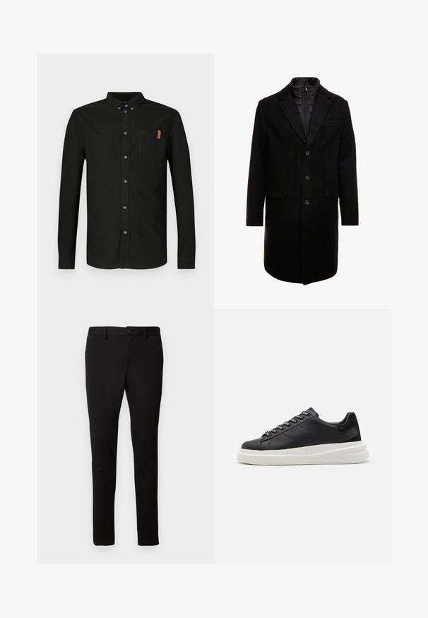 Pardessus preto em mistura de lã com um design elegante, apresentando uma camada interna isolada que pode ser colocada, três botões e dois bolsos frontais.; Camisa preta de manga comprida feita de algodão, com abotoamento frontal, um bolso no peito com um detalhe em bege e botões azuis.; Calças pretas de corte ajustado com passantes para cinto, fecho frontal com botão e zipper, apresentadas sobre um fundo claro e simples.; Sapatilha preta em pele com sola de borracha branca, apresentando atacadores planos e ilhós com marca. Textura suave com um detalhe lateral em contraste.