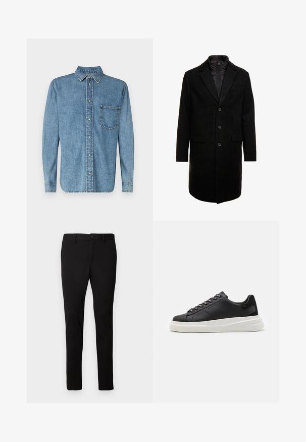 Melna vilnas maisījuma virsjakas ar elegantu dizainu, kurā ir iešūta izolēta iekšējā kārta, trīs pogas un divas priekšējās kabatas.; Samsøe Samsøe DAMON - Krekls - medium stone; Melni pieguļoši bikses ar jostu cilpām, priekšējo pogu un rāvējslēdzēju, izstādītas uz vienkārša gaiša fona.; Melnas ādas sporta kurpes ar baltu gumijas zoli, kurām ir plakanas saites un zīmola acs. Mīksta tekstūra ar kontrastējošu sānu akcentu.