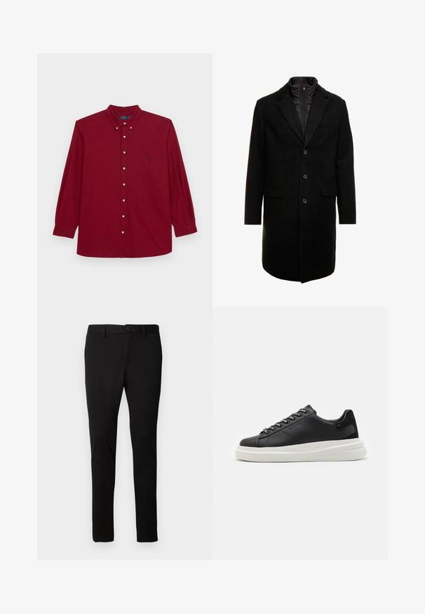 Black wool blend overcoat with a sleek design, featuring a zip-in insulated inner layer, three buttons, and two front pockets.; Polo Ralph Lauren Big & Tall GARMENT-DYED OXFORD SHIRT - Shirt - red carpet; Black slim-fit trousers with belt loops, front button, and zipper closure, displayed on a plain light background.; Black leather sneaker with a white rubber sole, featuring flat laces and branded eyelets. Soft texture with a contrasting side accent.