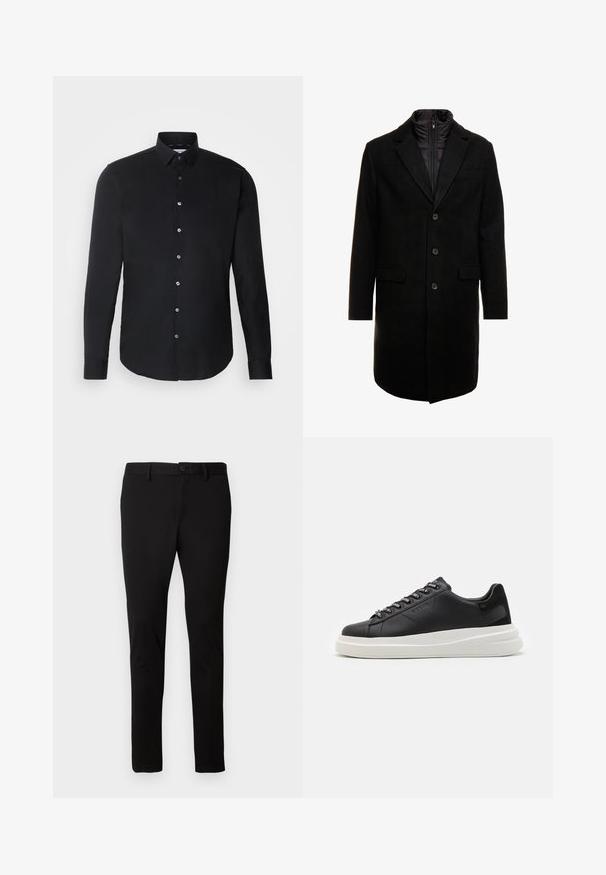 Zwarte wolblend overjas met een slank ontwerp, voorzien van een uitneembare geïsoleerde binnenlaag, drie knopen en twee voorzakken.; Zwarte longsleeve shirt met een button-down kraag, frontknopen, rechte zoom en een gladde textuur; subtiele branding op de borst.; Zwarte slim-fit broek met riemlussen, knoop aan de voorkant en ritssluiting, gepresenteerd op een effen lichte achtergrond.; Zwarte leren sneakers met een witte rubberen zool, voorzien van platte veters en gemerkte oogjes. Zachte textuur met een contrasterende zijaccent.