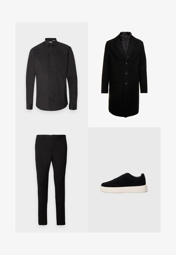 Svart ullblandingsfrakk med et elegant design, som har et avtagbart isolert innerlag, tre knapper og to frontlommer.; Sort langermet skjorte laget av glatt bomull, med knappestolpe foran, klassisk krage og buet kant. Enkel design, uten mønster.; Sorte slim-fit bukser med bæltesløjfer, foran knap og lynlås lukning, præsenteret på en ensfarvet lys baggrund.; Sorte sued sneakers med lav profil, rund tå og hvit gummisåle. Har flate snørebånd og en subtil logo på siden.