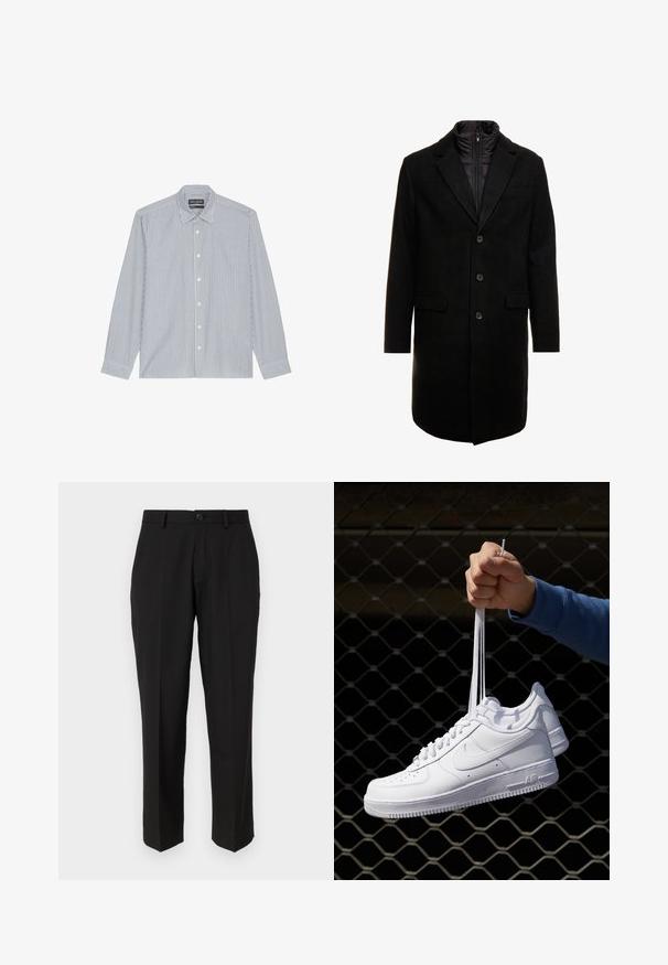 Svart ullblandingsfrakk med et elegant design, som har et avtagbart isolert innerlag, tre knapper og to frontlommer.; Blå og hvit stripete skjorte med knapper, spredt krage, lange ermer og plastknapper. Myk stoff med vertikale mønsterdetaljer.; svarte bukser laget av glatt stoff, med strak ben design, frontlommer, en enkelt knappelukking, og ingen synlige mønstre.; Hvite skinnsneakers med perforeringer, rund tå, flat såle og tykke lisser, med en synlig swoosh-logo og "AIR" på hælen.