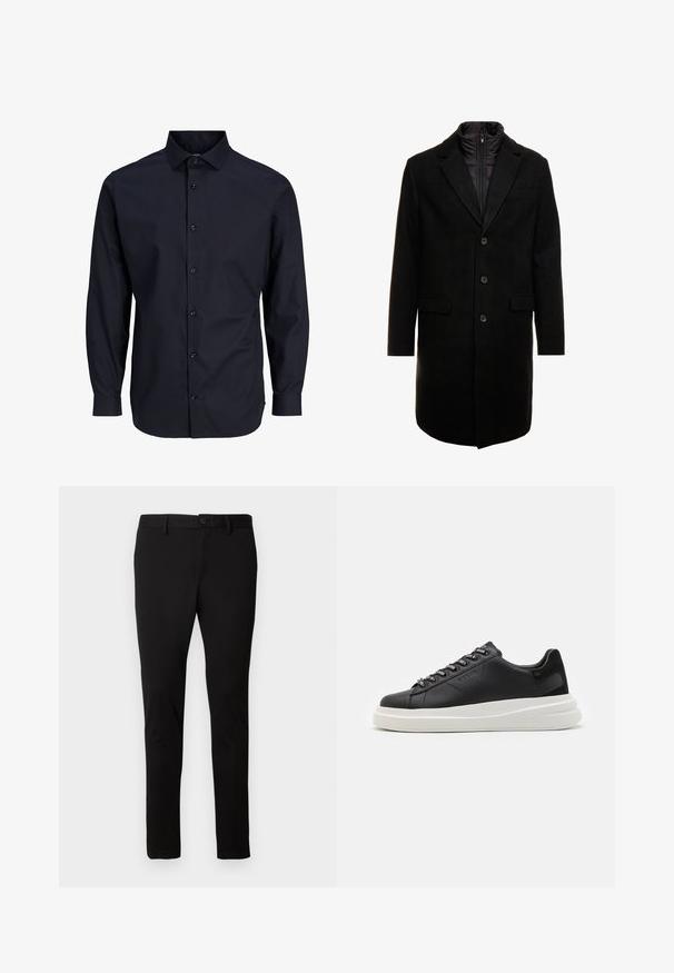 Palton dintr-un amestec de lână negru, cu un design elegant, având un strat interior izolat care se poate atașa cu fermoar, trei butoane și două buzunare frontale.; Cămașă albastru marin cu nasturi, cu mâneci lungi, guler standard, placket frontal, textură netedă și manșete cu un singur nasture.; Pantaloni negri, slim-fit, cu bucle pentru curea, închidere prin buton frontal și fermoar, expuși pe un fundal deschis simplu.; Sneaker din piele neagră cu o talpă din cauciuc alb, cu șireturi plate și eyelets marcate. Textură moale cu un accent lateral contrastant.