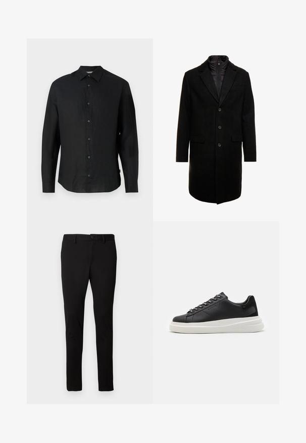 Crni kaput od vune s mješavinom, elegantnog dizajna, s odvojivim izoliranim unutarnjim slojem, tri gumba i dva prednja džepa.; Crna, dugom rukavu košulja napravljena od laganog lana. Ima šiljastu kragnu, prednje zatvaranje na dugmad i ravni rub. Mekana tekstura.; Crne uske hlače s petljama za remen, prednjim dugmetom i zatvaranjem na zatvarač, prikazane na jednostavnoj svijetloj pozadini.; Crne kožne tenisice s bijelim gumenim potplatima, s ravnim vezicama i brendiranim rupama za vezanje. Mekana tekstura s kontrastnim bočnim naglaskom.