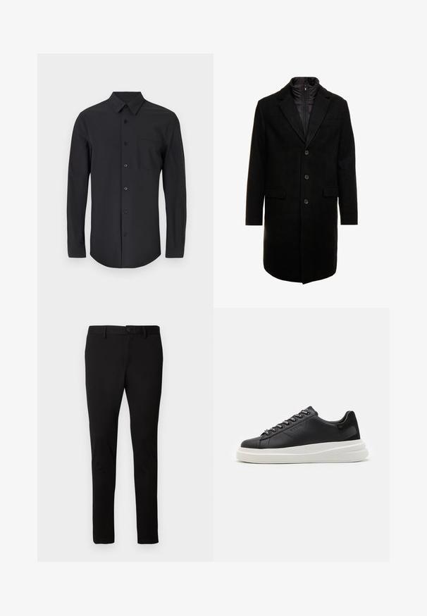 Cappotto lungo in misto lana nero dal design elegante, con uno strato interno isolato rimovibile, tre bottoni e due tasche frontali.; Camicetta nera a maniche lunghe in un tessuto morbido con colletto classico, chiusura con bottoni e taschino sul lato sinistro.; Pantaloni neri slim-fit con passanti per cintura, chiusura frontale con bottone e zip, presentati su uno sfondo chiaro e semplice.; Sneaker in pelle nera con suola in gomma bianca, dotato di lacci piatti e occhielli brandizzati. Texture morbida con un accento laterale a contrasto.