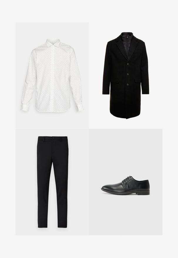 Must värviline villasegu mantlit, millel on sujuv disain, varustatud lülitatava isoleeritud sisemise kihiga, kolme nupukese ja kahe eesmine taskuga.; Jack & Jones JJJOE PRINT SHIRT - Ametlik pluus - white/ditsy; Mustad vormis püksid, millel on sile tekstuur, nööpkinnitused, vööaasad ja puuduvad nähtavad mustrid või aktsendid.; Musta nahast nööritavad kingad, mis on siledapinnalised, terava nina ja madala ploki kontsaga. Omavad viit paari nööpnõelu nööride jaoks.