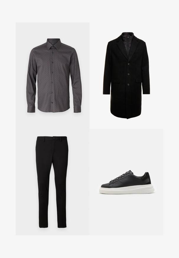 Juodas vilnos mišinio viršutinis paltas su elegantišku dizainu, turintis įsitraukiančią izoliuotą vidinę dalį, tris mygtukus ir dvi priekinės kišenes.; Ilgųjų rankovių marškiniai tamsiai mėlynos spalvos audiniu su subtiliu geometriniu raštu šviesiai mėlynos ir rudos spalvos atspalviais. Pasižymi standartiniu apykakle ir mygtukų užsegimu.; Juodi siauri kelnės su dirželių kilpomis, priekyje esančiu mygtuku ir užtrauktuku, rodomos ant vientiso šviesaus fono.; Juodos odinės sportbačiai su balta guma padanga, su plokščiomis raiščiais ir firminiais skylutėmis. Minkšta tekstūra su kontrastingu šonu akcentu.