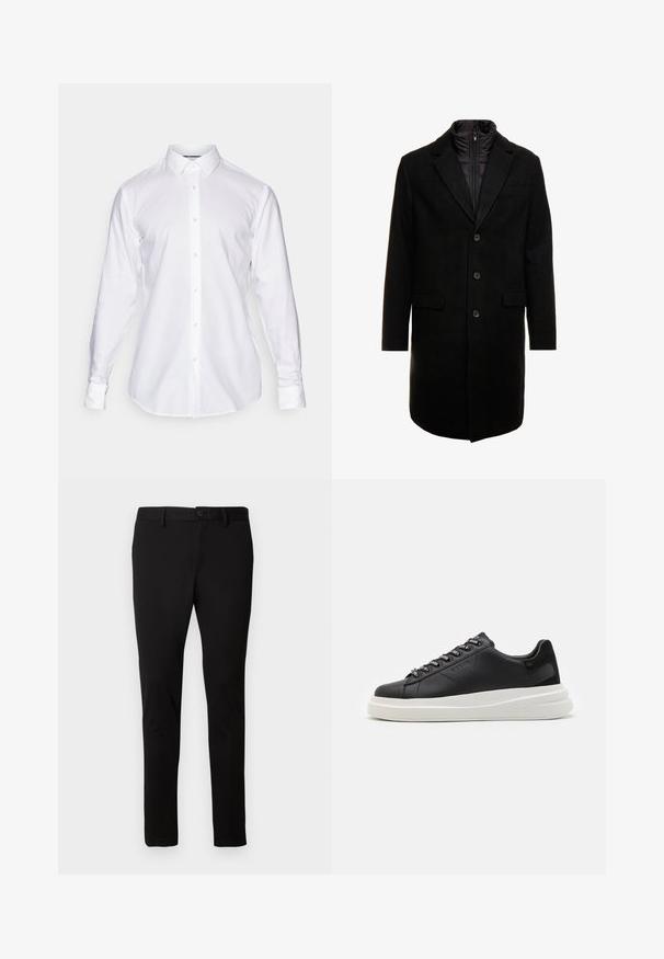Must värviline villasegu mantlit, millel on sujuv disain, varustatud lülitatava isoleeritud sisemise kihiga, kolme nupukese ja kahe eesmine taskuga.; Valge nööpidega särk klassikalise kraega, pika varrukaga ja sirge lipuga. Valmistatud siledast kangast, millel on nähtavad õmblused ja nupud.; Mustad kitsaste sääreosadega mustad püksid, millega on kaasas vöökohad, eesnupp ja luku sulgemine, esitatud heledal ühtlasel taustal.; Mustmustest musta nahkistsneaker, millel on valge kummist tald, sirged paelad ja bränditud silmad. Pehme tekstuur kontrastse küljeaktsendiga.