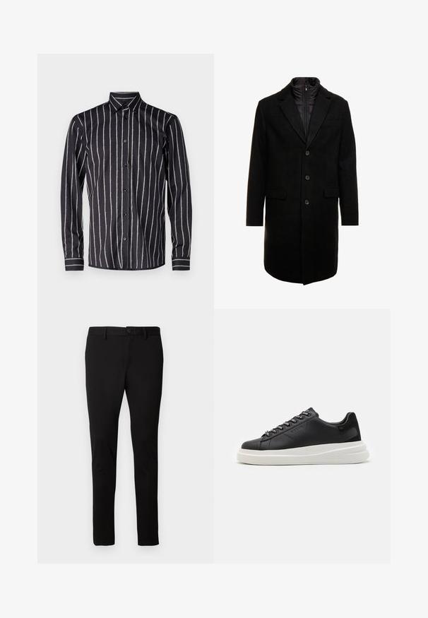 Cappotto lungo in misto lana nero dal design elegante, con uno strato interno isolato rimovibile, tre bottoni e due tasche frontali.; Bruuns Bazaar VANIGILLY SHIRT - Camicia - black; Pantaloni neri slim-fit con passanti per cintura, chiusura frontale con bottone e zip, presentati su uno sfondo chiaro e semplice.; Sneaker in pelle nera con suola in gomma bianca, dotato di lacci piatti e occhielli brandizzati. Texture morbida con un accento laterale a contrasto.