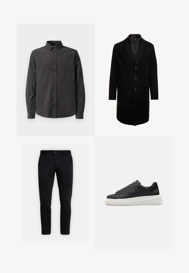 Manteau en mélange de laine noir au design élégant, doté d'une couche intérieure isolée zippée, de trois boutons et de deux poches avant.; Samsøe Samsøe LIAM SHIRT - Chemise - anthracite; Pantalon noir ajusté avec passants de ceinture, fermeture à bouton à l'avant et poches latérales, présenté sur fond gris clair.; Baskets en cuir noir avec une semelle en caoutchouc blanc, dotées de lacets plats et d'œillets marqués. Texture douce avec un accent contrastant sur le côté.