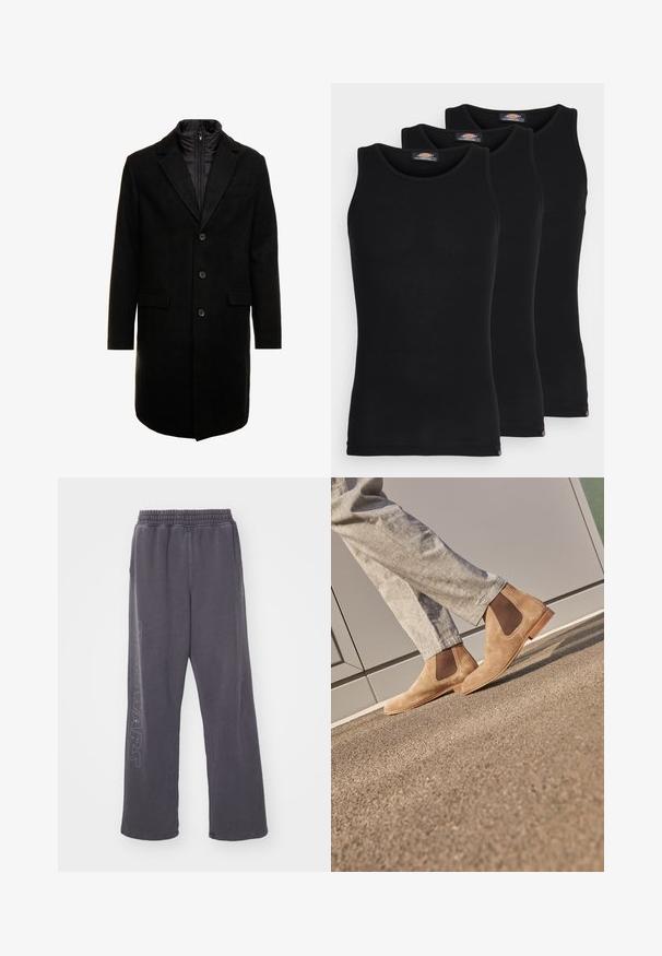 Sort uldblandings frakk med et elegant design, der har et indbygget isoleret inderlag, tre knapper og to forlommer.; Sorte tanktoppe i en pakke med tre. Ribbet tekstur, standard rund halsudskæring, uden ærmer. Kanten har et lille brandlogo nederst.; Grå bomulds sweatpants med løs pasform, elastisk talje og "STAR WARS" grafik langs det venstre ben. Har en glat tekstur.; Brune ruskind Chelsea støvler med elastiske sidepaneler og en glat tan gummisål, parret med lyse grå bukser på en tekstureret overflade.