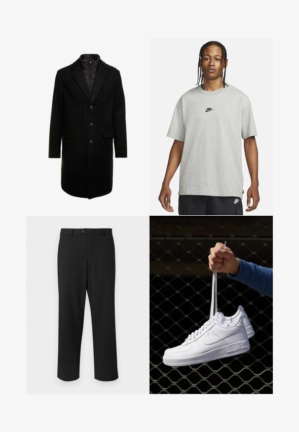 Juodas vilnos mišinio viršutinis paltas su elegantišku dizainu, turintis įsitraukiančią izoliuotą vidinę dalį, tris mygtukus ir dvi priekinės kišenes.; Jaunas žmogus su pintomis plaukomis, vilkintis šviesiai pilką Nike marškinėlį ir juodus Nike šortus, priešais vientisą baltą foną.; Juodi kelnės pagamintos iš lygios medžiagos, su tiesių kojų dizainu, priekyje užtrauktuku ir vienu priekiniu mygtuku. Nėra matomų raštų.; Balti odiniai sportiniai bateliai su perforacijomis, apvalia nosimi, plokščiu padu ir storomis raištelėmis, su matomu swoosh logotipu ir "AIR" ant kulno.