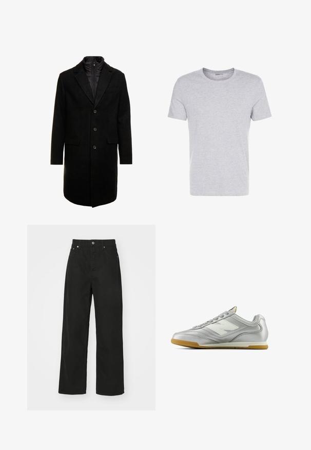 Mustan villasekoitteinen päällystakki, jossa on tyylikäs muotoilu, vuorattu irrotettavalla lämpökerroksella, kolme nappia ja kaksi etulokeroa.; Harmaa puuvillainen t-paita, jossa on pyöreä pääntie, lyhyet hihat ja yksinkertainen muotoilu. Paita on pehmeä ja sileä, eikä siinä ole näkyviä kuvioita tai koristeita.; Mustat farkut suoran lahjuksen suunnittelulla, joissa on viisi taskua, nappisuljenta ja perinteinen vyötärö. Sujuva tekstuuri.; Hopea urheilukenkä, jolla on sileä, kiiltävä pinta, valkoinen logo sivussa, teksturoitu harmaa nauha ja kuminen pohja.