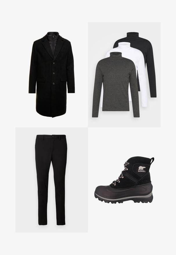 Černý vlněný kabát s elegantním designem, který má odnímatelnou izolační vnitřní vrstvu, tři knoflíky a dvě přední kapsy.; Tři svetrové roláky s dlouhým rukávem v tmavě šedé, bílé a černé barvě. Vyrobeny z měkké látky s žebrovaným designem roláku a přiléhavými rukávy.; Černé slim-fit kalhoty s poutky na pásek, předním knoflíkem a zipovým zapínáním, vystavené na jednoduchém světlem pozadí.; Černá zimní bota s texturovaným zvrškem z řemínkového semiše, gumovou podrážkou, kovovými detaily a logem. Má vysoký svršek a pevný systém šněrování.