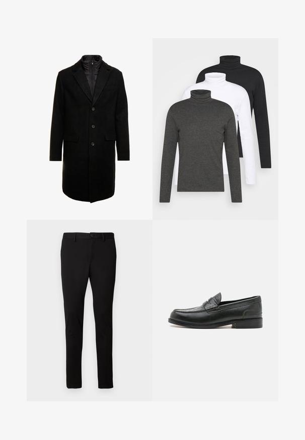 Svart ullblandad ytterrock med en stilren design, med ett zip-in isolerat innerlager, tre knappar och två framfickor.; Tre långärmade polotröjor i mörkgrått, vitt och svart. Tillverkade av mjukt tyg med ribbat polokrage-design och åtsittande ärmar.; Svarta slim-fit byxor med bältesslingor, framknapp och dragkedjestängning, uppvisade på en neutral ljus bakgrund.; Svart läderloafer med rundad tå, dekorativ sömnad och en texturerad accentpanel. Låg staplad klack, elegant design och slät yta.