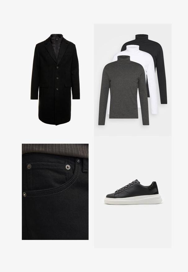 Must värviline villasegu mantlit, millel on sujuv disain, varustatud lülitatava isoleeritud sisemise kihiga, kolme nupukese ja kahe eesmine taskuga.; Kolm pikakäist pusa tumedates hallides, valgetes ja mustades toonides. Valmistatud pehmest kangast, millel on soonikkoes kaelus ja sobitatud varrukad.; Mustad denim teksad, millel on kitsas lõige ja sile tekstuur. Omab hõbedast riistvara, niite ja kontrastset õmblust taskute lähedal.; Mustmustest musta nahkistsneaker, millel on valge kummist tald, sirged paelad ja bränditud silmad. Pehme tekstuur kontrastse küljeaktsendiga.