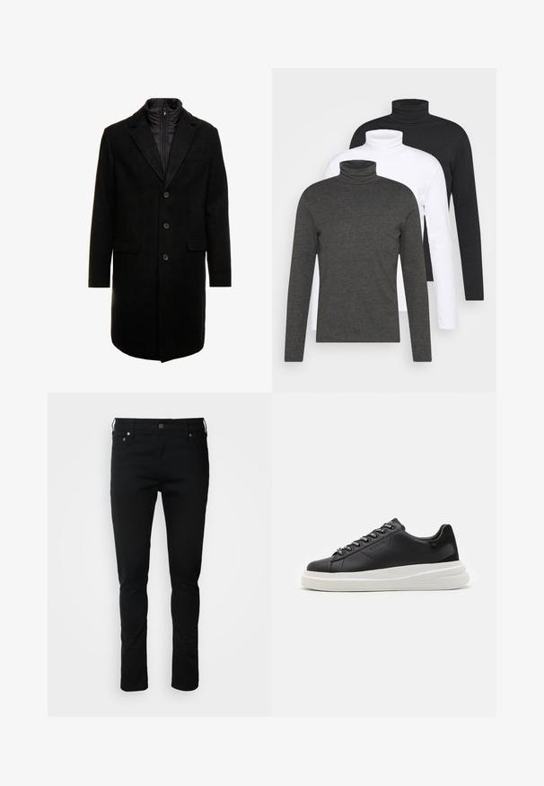 Black wool blend overcoat with a sleek design, featuring a zip-in insulated inner layer, three buttons, and two front pockets.; Three long-sleeve turtlenecks in dark gray, white, and black. Made of soft fabric with ribbed turtleneck design and fitted sleeves.; Black denim jeans with a slim fit, featuring a zipper fly, belt loops, and front pockets. Smooth texture, minimal detailing, classic design.; Black leather sneaker with a white rubber sole, featuring flat laces and branded eyelets. Soft texture with a contrasting side accent.