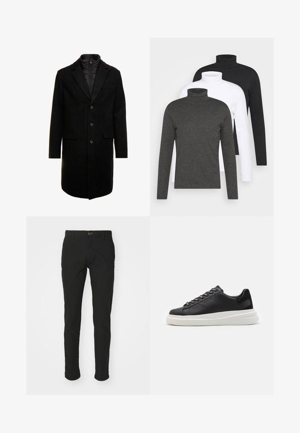 Cappotto lungo in misto lana nero dal design elegante, con uno strato interno isolato rimovibile, tre bottoni e due tasche frontali.; Tre maglioni a maniche lunghe con collo alto in grigio scuro, bianco e nero. Realizzati in tessuto morbido con design a coste del collo e maniche aderenti.; Chino neri realizzati in tessuto misto cotone, dal design slim fit, con chiusura a bottone marrone, due tasche laterali e orli cuffati.; Sneaker in pelle nera con suola in gomma bianca, dotato di lacci piatti e occhielli brandizzati. Texture morbida con un accento laterale a contrasto.