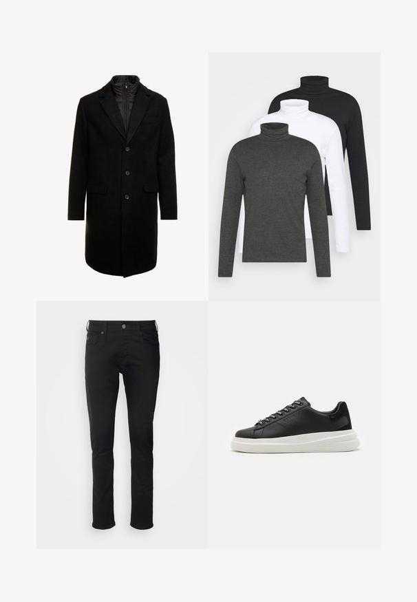 Schwarzer Wollmischung-Übermantel mit sleekem Design, ausgestattet mit einer herausnehmbaren isolierten Innenschicht, drei Knöpfen und zwei Fronttaschen.; Drei langärmelige Rollkragenpullover in Dunkelgrau, Weiß und Schwarz. Aus weichem Stoff mit geripptem Rollkragen-Design und taillierten Ärmeln.; Schwarze Baumwolljeans mit geradem Bein, ausgestattet mit einem frontalen Knopfverschluss, Gürtelschlaufen und regulären Taschen mit einer glatten Textur.; Schwarze Ledersneaker mit einer weißen Gummisohle, ausgestattet mit flachen Schnürsenkeln und markierten Ösen. Weiche Textur mit einem kontrastierenden Seitenakzent.