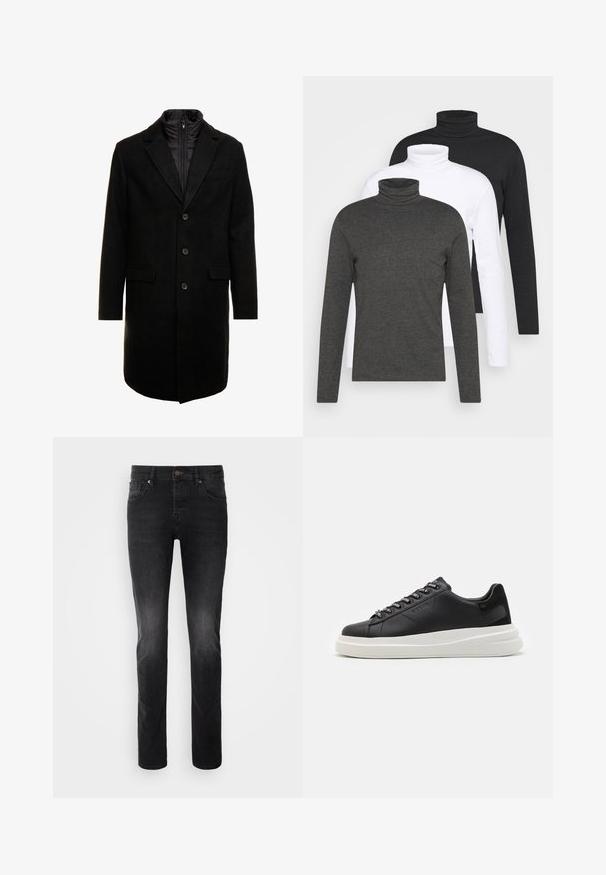Zwarte wolblend overjas met een slank ontwerp, voorzien van een uitneembare geïsoleerde binnenlaag, drie knopen en twee voorzakken.; Drie lange mouwen turtlenecks in donkergrijs, wit en zwart. Gemaakt van zachte stof met een geribbelde turtleneck ontwerp en aansluitende mouwen.; Zwarte denim jeans met een rechte snit, voorzien van een knoopsluiting, vijf zakken en een lichte vervaging op de stof.; Zwarte leren sneakers met een witte rubberen zool, voorzien van platte veters en gemerkte oogjes. Zachte textuur met een contrasterende zijaccent.