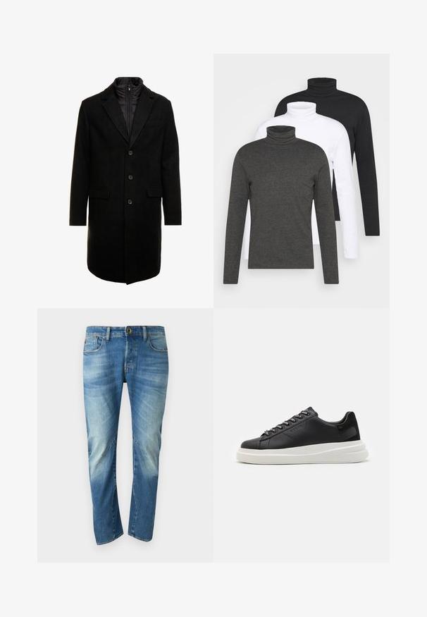 Črn volnen mešani plašč s sleek oblikovanjem, ki vključuje notranjo plast z izolacijo, tri gumbe in dva sprednja žepa.; Tri dolgimi rokavi puloverji z visokim ovratnikom v temno sivi, beli in črni barvi. Narejeni iz mehkega materiala z rebrastim dizajnom ovratnika in prilegajočimi rokavi.; Modre izbledeli naravnost krojene kavbojke z petimi žepi, gumbnim zapiranjem in vidnimi šivi spredaj.; Črne usnjene teniske z belim gumijastim podplatom, ki imajo ravne vezalke in blagovno znamko na ošitih luknjah. Mehka tekstura s kontrastnim stranskim poudarkom.