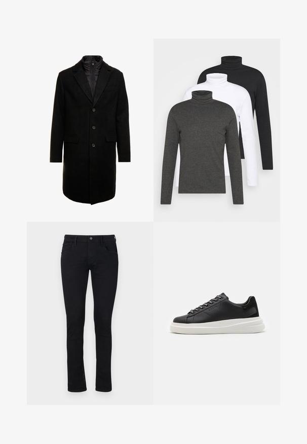 Černý vlněný kabát s elegantním designem, který má odnímatelnou izolační vnitřní vrstvu, tři knoflíky a dvě přední kapsy.; Tři svetrové roláky s dlouhým rukávem v tmavě šedé, bílé a černé barvě. Vyrobeny z měkké látky s žebrovaným designem roláku a přiléhavými rukávy.; Černé slim fit džíny z denimového materiálu s hladkou texturou. Obsahují pět kapes a zapínání na zip s knoflíkovým uzávěrem v pase.; Černé kožené tenisky s bílou gumovou podrážkou, mají ploché tkaničky a očička s logem. Jemná textura s kontrastním bočním akcentem.