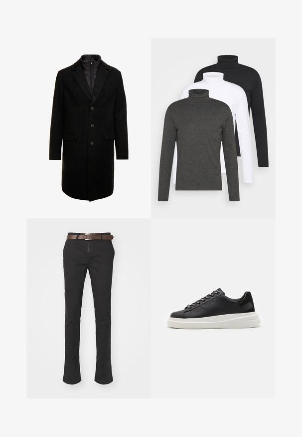 Black wool blend overcoat with a sleek design, featuring a zip-in insulated inner layer, three buttons, and two front pockets.; Three long-sleeve turtlenecks in dark gray, white, and black. Made of soft fabric with ribbed turtleneck design and fitted sleeves.; Black cotton pants with a straight-leg design, featuring a brown leather belt and visible stitching details.; Black leather sneaker with a white rubber sole, featuring flat laces and branded eyelets. Soft texture with a contrasting side accent.