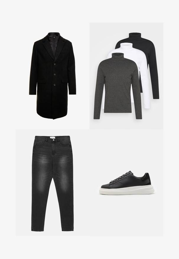 Černý vlněný kabát s elegantním designem, který má odnímatelnou izolační vnitřní vrstvu, tři knoflíky a dvě přední kapsy.; Tři svetrové roláky s dlouhým rukávem v tmavě šedé, bílé a černé barvě. Vyrobeny z měkké látky s žebrovaným designem roláku a přiléhavými rukávy.; Černé džíny z denimu s vybledlým omakem, vysokým pasem, pětikolíkovým designem a stříbrnými detaily. Rovný střih nohavic se kontrastním prošíváním.; Černé kožené tenisky s bílou gumovou podrážkou, mají ploché tkaničky a očička s logem. Jemná textura s kontrastním bočním akcentem.
