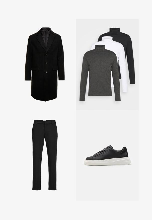 Manteau en mélange de laine noir au design élégant, doté d'une couche intérieure isolée zippée, de trois boutons et de deux poches avant.; Trois pulls à col roulé à manches longues en gris foncé, blanc et noir. Fabriqués en tissu doux avec un design à col roulé côtelé et des manches ajustées.; Pantalon noir en tissu lisse, avec une coupe droite, des poches latérales, des passants de ceinture et un ourlet soigné. Aucune motif ou accent visible.; Baskets en cuir noir avec une semelle en caoutchouc blanc, dotées de lacets plats et d'œillets marqués. Texture douce avec un accent contrastant sur le côté.
