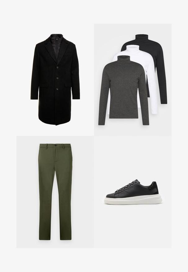 Sort uldblandings frakk med et elegant design, der har et indbygget isoleret inderlag, tre knapper og to forlommer.; Tre langærmede turtleneck trøjer i mørkegrå, hvid og sort. Fremstilles af blødt stof med ribbet turtleneck-design og tætsiddende ærmer.; Olivengrønne bukser lavet af et glat stof, med en lige pasform, frontlommer og en enkelt knaplukning. Minimalistiske designdetaljer.; Sort lædersneaker med en hvid gummisål, der har flade snørebånd og branded øjer. Blød tekstur med en kontrasterende sideaccent.