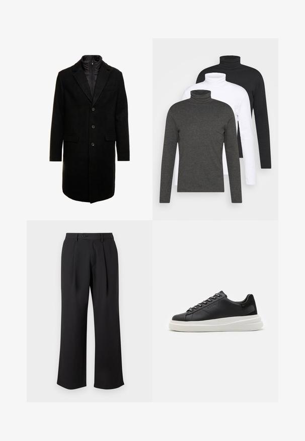 Black wool blend overcoat with a sleek design, featuring a zip-in insulated inner layer, three buttons, and two front pockets.; Three long-sleeve turtlenecks in dark gray, white, and black. Made of soft fabric with ribbed turtleneck design and fitted sleeves.; Black wide-leg trousers made of smooth fabric, featuring a front pleat, a button closure, and side pockets.; Black leather sneaker with a white rubber sole, featuring flat laces and branded eyelets. Soft texture with a contrasting side accent.