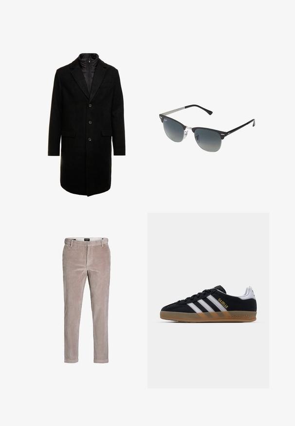 Black wool blend overcoat with a sleek design, featuring a zip-in insulated inner layer, three buttons, and two front pockets.; Pack of three t-shirts: one black and two white. Each has a crew neck, short sleeves, and is made of smooth cotton fabric.; Light brown slim-fit corduroy trousers with button closure and belt loops, designed for casual or semi-formal wear.; Black suede sneaker with white stripes, tan rubber sole, and gold "Gazelle" logo. Classic low-top design, featuring a textured upper.; Black and silver sunglasses with a cat-eye shape, gradient lenses, and metallic accents on the frame. Plastic arms with grey tips.