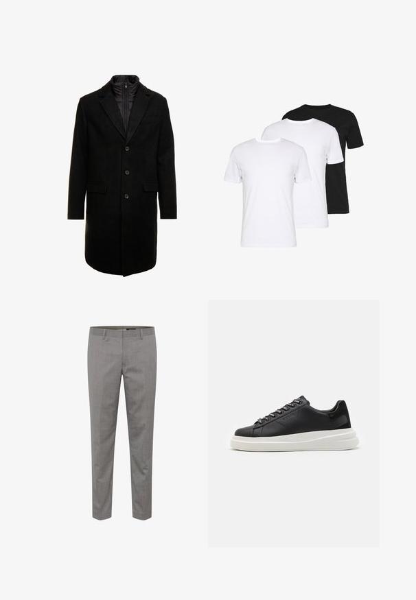 Must värviline villasegu mantlit, millel on sujuv disain, varustatud lülitatava isoleeritud sisemise kihiga, kolme nupukese ja kahe eesmine taskuga.; Kolm t-särgi komplekt: üks must ja kaks valget. Igaühel on ümmargune kaelus, lühikesed varrukad ning need on valmistatud siledast puuvillast kangast.; Heledad hallhalli värvitud püksid, millel on peen pinstripe muster, sirge jalg ja kinnitatud vöökohaga. Valmistatud kootud materjalist.; Mustmustest musta nahkistsneaker, millel on valge kummist tald, sirged paelad ja bränditud silmad. Pehme tekstuur kontrastse küljeaktsendiga.