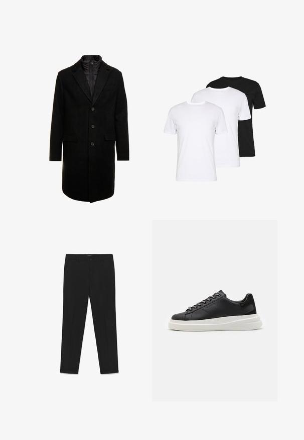 Czarny płaszcz wełniany o eleganckim fasonie, z ocieplaną wkładką na zamek, trzema guzikami i dwiema przednimi kieszeniami.; Zestaw trzech t-shirtów: jeden czarny i dwa białe. Każdy ma okrągły dekolt, krótkie rękawy i jest wykonany z gładkiej bawełny.; Czarne spodnie wykonane z gładkiego materiału, o dopasowanym kroju, z płaskim frontem, dwoma bocznymi kieszeniami oraz zapięciem na guzik w pasie.; Czarne skórzane trampki z białą gumową podeszwą, z płaskimi sznurowadłami i logo w oczkach. Miękka tekstura z kontrastowym akcentem bocznym.