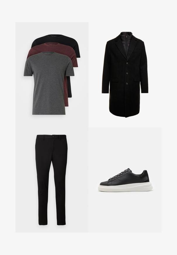 Mustan villasekoitteinen päällystakki, jossa on tyylikäs muotoilu, vuorattu irrotettavalla lämpökerroksella, kolme nappia ja kaksi etulokeroa.; Kolme lyhythihaista t-paitaa tummanharmaana, burgundina ja mustana. Valmistettu pehmeästä puuvillasta, jossa on pyöreä kaula-aukko ja rento istuvuus.; Musta slim-fit-housut, joissa on vyölenkit, etupainike ja vetskari, esillä vaalealla yksinkertaisella taustalla.; Musta nahkakengät valkoisella kumipohjalla, joissa on tasaiset nauhat ja brändätyt rei'itykset. Pehmeä pinta, jossa on erottuva sivusärmä.
