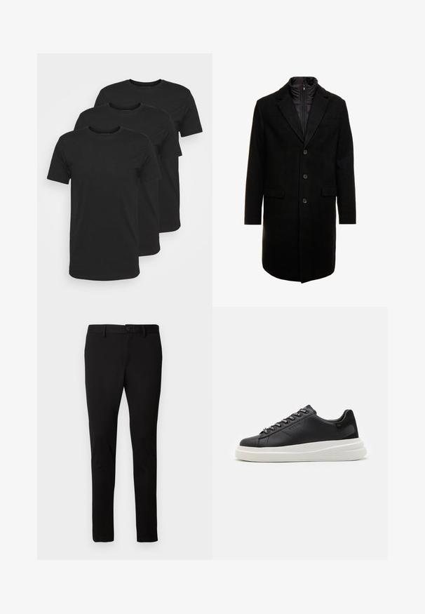 Melna vilnas maisījuma virsjakas ar elegantu dizainu, kurā ir iešūta izolēta iekšējā kārta, trīs pogas un divas priekšējās kabatas.; Trīs melni kokvilnas T-krekli ar īsām piedurknēm, apaļu kakla izgriezumu, gludu tekstūru, bez redzamām rakstu izdrukām, novietoti vertikāli uz balta fona.; Melni pieguļoši bikses ar jostu cilpām, priekšējo pogu un rāvējslēdzēju, izstādītas uz vienkārša gaiša fona.; Melnas ādas sporta kurpes ar baltu gumijas zoli, kurām ir plakanas saites un zīmola acs. Mīksta tekstūra ar kontrastējošu sānu akcentu.