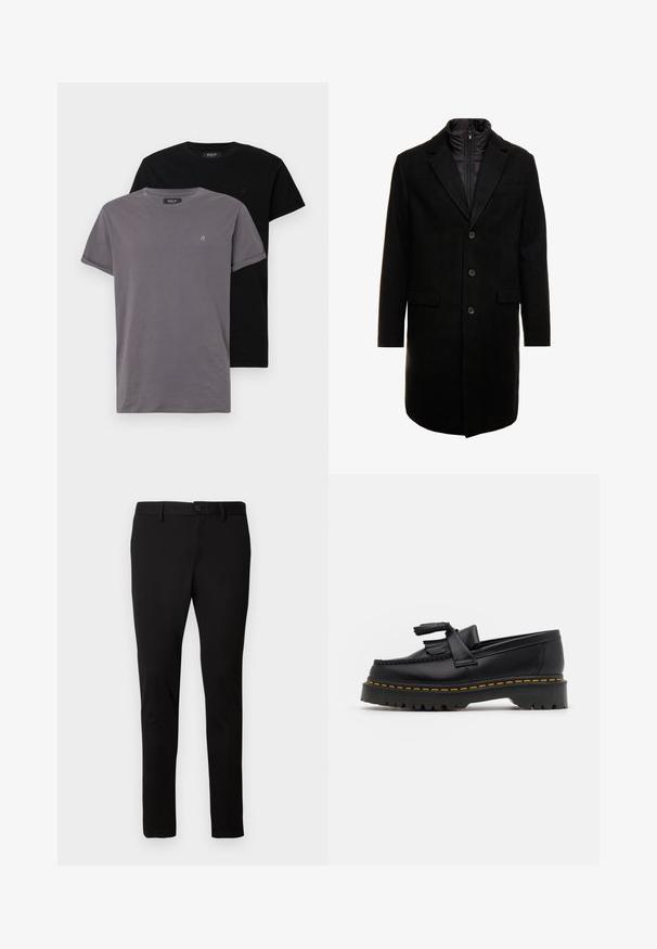 Black wool blend overcoat with a sleek design, featuring a zip-in insulated inner layer, three buttons, and two front pockets.; Two crew neck t-shirts; one grey, one black. Both are made of soft cotton and feature rolled sleeves with a small logo on the chest.; Black slim-fit trousers with belt loops, front button, and zipper closure, displayed on a plain light background.; Black leather loafer with a tasseled accent, featuring a chunky black sole and yellow stitching along the edge. Textured finish.