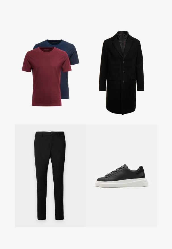 Abrigo de lana negro con un diseño elegante, que cuenta con una capa interna aislante desmontable, tres botones y dos bolsillos frontales.; Dos camisetas de cuello redondo apiladas; una de color granate y otra de color azul marino oscuro. Están hechas de algodón, tienen mangas cortas y una textura suave.; Pantalones negros de corte ajustado con presillas, botón frontal y cierre de cremallera, mostrados sobre un fondo claro y liso.; Zapatilla de cuero negra con suela de goma blanca, con cordones planos y ojales de marca. Textura suave con un acento lateral contrastante.