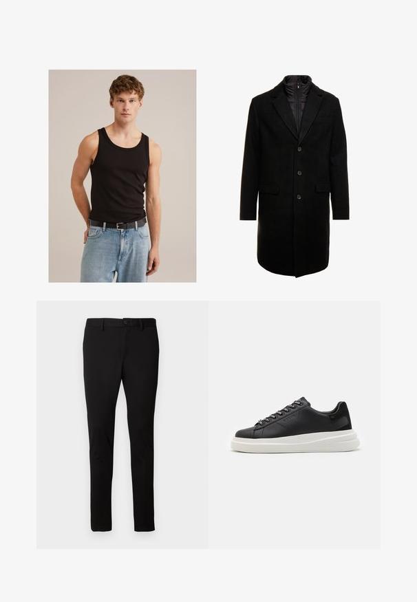 Juodas vilnos mišinio viršutinis paltas su elegantišku dizainu, turintis įsitraukiančią izoliuotą vidinę dalį, tris mygtukus ir dvi priekinės kišenes.; Juodas be rankovių marškinėlis, pagamintas iš medvilnės; prisitaikantis dizainas su apvalia kaklo iškirpte; derinamas su šviesiai mėlynomis džinsinėmis kelnėmis ir juodu diržu.; Juodi siauri kelnės su dirželių kilpomis, priekyje esančiu mygtuku ir užtrauktuku, rodomos ant vientiso šviesaus fono.; Juodos odinės sportbačiai su balta guma padanga, su plokščiomis raiščiais ir firminiais skylutėmis. Minkšta tekstūra su kontrastingu šonu akcentu.