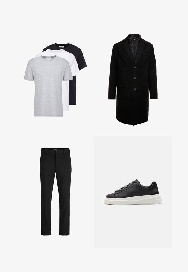 Sort uldblandings frakk med et elegant design, der har et indbygget isoleret inderlag, tre knapper og to forlommer.; Tre crew neck T-shirts i grå, hvid og sort, med korte ærmer, blød tekstur og en lige skæremodel.; Sorte bukser lavet af glat stof, med et klassisk design, lige snit, frontknaplukning og sidelommer.; Sort lædersneaker med en hvid gummisål, der har flade snørebånd og branded øjer. Blød tekstur med en kontrasterende sideaccent.