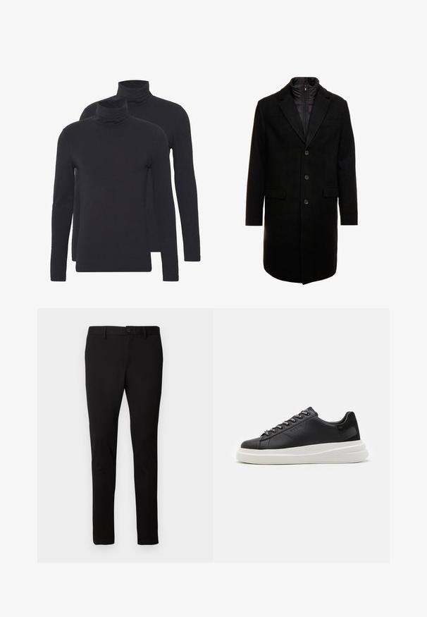 Pardessus preto em mistura de lã com um design elegante, apresentando uma camada interna isolada que pode ser colocada, três botões e dois bolsos frontais.; Duas blusas pretas de manga longa estilo polo, feitas de um tecido suave, com silhuetas ajustadas e golas caneladas.; Calças pretas de corte ajustado com passantes para cinto, fecho frontal com botão e zipper, apresentadas sobre um fundo claro e simples.; Sapatilha preta em pele com sola de borracha branca, apresentando atacadores planos e ilhós com marca. Textura suave com um detalhe lateral em contraste.