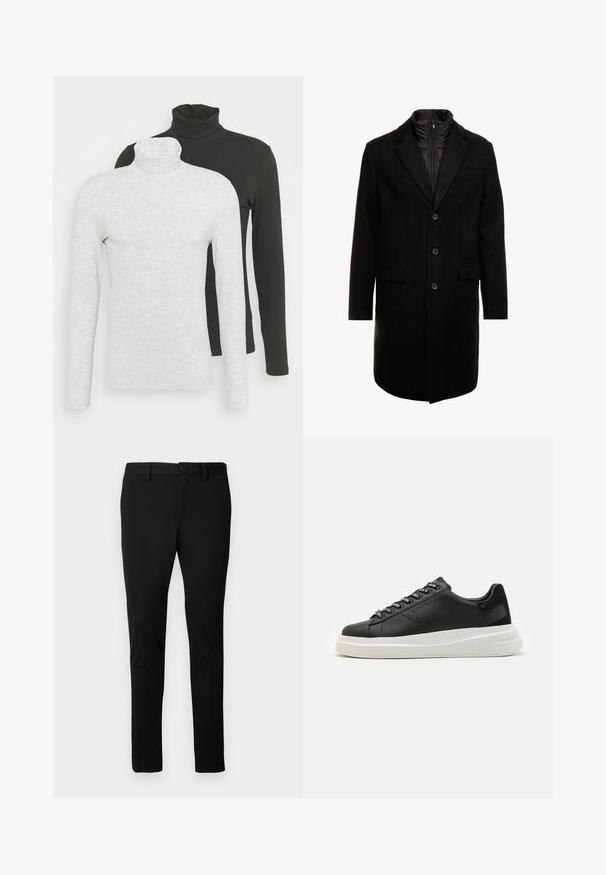 Zwarte wolblend overjas met een slank ontwerp, voorzien van een uitneembare geïsoleerde binnenlaag, drie knopen en twee voorzakken.; Pier One LONG SLEEVED ROLL NECK TOP 2 PACK - Longsleeve - light grey/black; Zwarte slim-fit broek met riemlussen, knoop aan de voorkant en ritssluiting, gepresenteerd op een effen lichte achtergrond.; Zwarte leren sneakers met een witte rubberen zool, voorzien van platte veters en gemerkte oogjes. Zachte textuur met een contrasterende zijaccent.