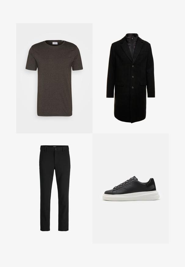 Fekete gyapjú keverékből készült overál, letisztult dizájnnal, cipzárral ellátott szigetelt belső réteggel, három gombbal és két elülső zsebből.; Sötétzöld, rövid ujjú póló, kerek nyakkivágással, sima textúrával, minták vagy kiegészítők nélkül, egyszerű dizájn, alkalmas hétköznapi viseletre.; Fekete nadrág sima anyagból, klasszikus dizájnnal, egyenes szabással, elülső gombos záródással és oldalsó zsebekkel.; Fekete bőr sportcipő fehér gumitalppal, lapos fűzőkkel és márkázott fűzőlyukakkal. Puha tapintású, kontrasztos oldali akcentussal.