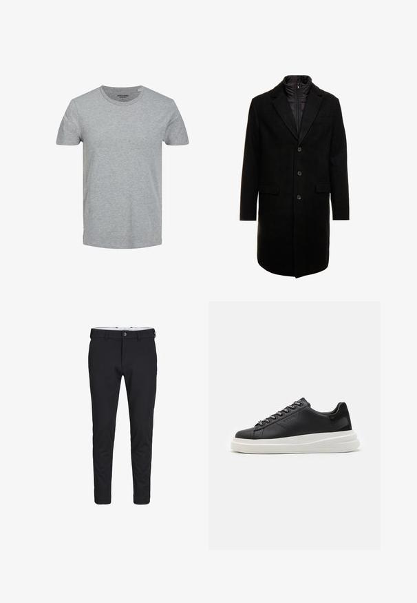 Zwarte wolblend overjas met een slank ontwerp, voorzien van een uitneembare geïsoleerde binnenlaag, drie knopen en twee voorzakken.; Grijze T-shirt met korte mouwen, gemaakt van zachte katoen. Kenmerkt zich door een klassieke ronde halslijn en een reguliere pasvorm. Eenvoudig ontwerp zonder patronen of accenten.; Zwarte broek gemaakt van een gladde, rekbare stof. Ze hebben een slim fit, een knoopsluiting en insteekzakken aan de zijkanten.; Zwarte leren sneakers met een witte rubberen zool, voorzien van platte veters en gemerkte oogjes. Zachte textuur met een contrasterende zijaccent.