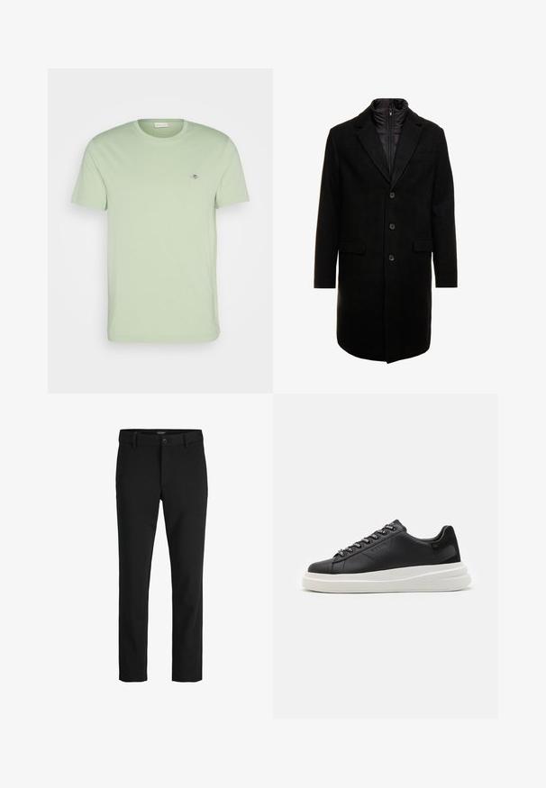 Abrigo de lana negro con un diseño elegante, que cuenta con una capa interna aislante desmontable, tres botones y dos bolsillos frontales.; GANT SHIELD - Camiseta básica - milky matcha; Pantalones negros hechos de una tela elegante, con un diseño clásico, corte recto, cierre frontal con botón y bolsillos laterales.; Zapatilla de cuero negra con suela de goma blanca, con cordones planos y ojales de marca. Textura suave con un acento lateral contrastante.