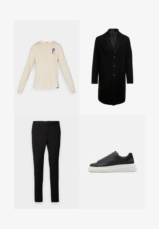 Schwarzer Wollmischung-Übermantel mit sleekem Design, ausgestattet mit einer herausnehmbaren isolierten Innenschicht, drei Knöpfen und zwei Fronttaschen.; Beige Patagonia Hemd mit langen Ärmeln und kleinem blauen und roten Logo auf der oberen linken Brust, das ein stilisiertes Design und Text zeigt.; Schwarze Slim-Fit-Hosen mit Gürtelschlaufen, Vorderknopf und Reißverschluss, auf einem schlichten hellen Hintergrund präsentiert.; Schwarze Ledersneaker mit einer weißen Gummisohle, ausgestattet mit flachen Schnürsenkeln und markierten Ösen. Weiche Textur mit einem kontrastierenden Seitenakzent.