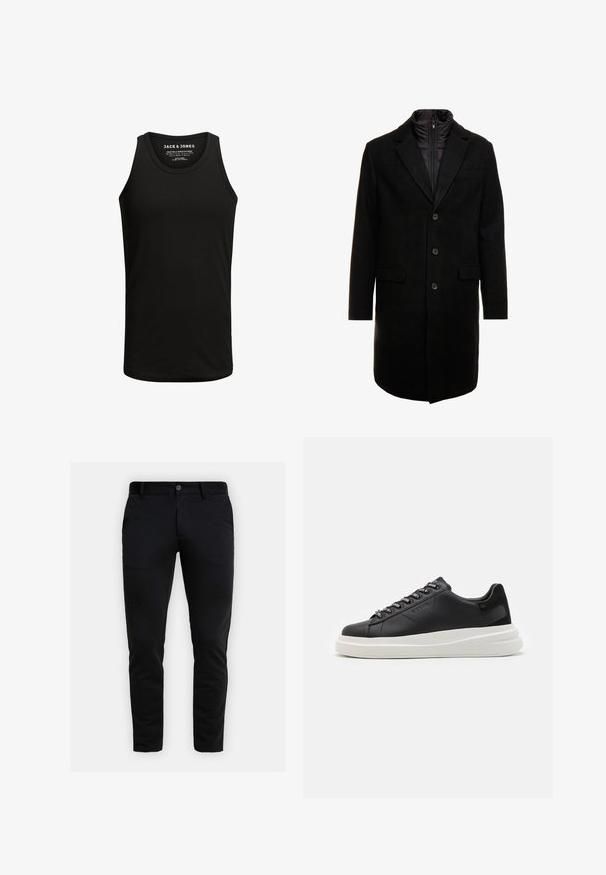 Manteau en mélange de laine noir au design élégant, doté d'une couche intérieure isolée zippée, de trois boutons et de deux poches avant.; Débardeur noir en mélange de coton, avec un col rond classique et un design sans manches. Texture unie sans motifs ni accents.; Pantalon noir ajusté avec passants de ceinture, fermeture à bouton à l'avant et poches latérales, présenté sur fond gris clair.; Baskets en cuir noir avec une semelle en caoutchouc blanc, dotées de lacets plats et d'œillets marqués. Texture douce avec un accent contrastant sur le côté.